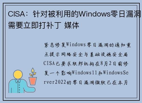 CISA：针对被利用的Windows零日漏洞需要立即打补丁 媒体